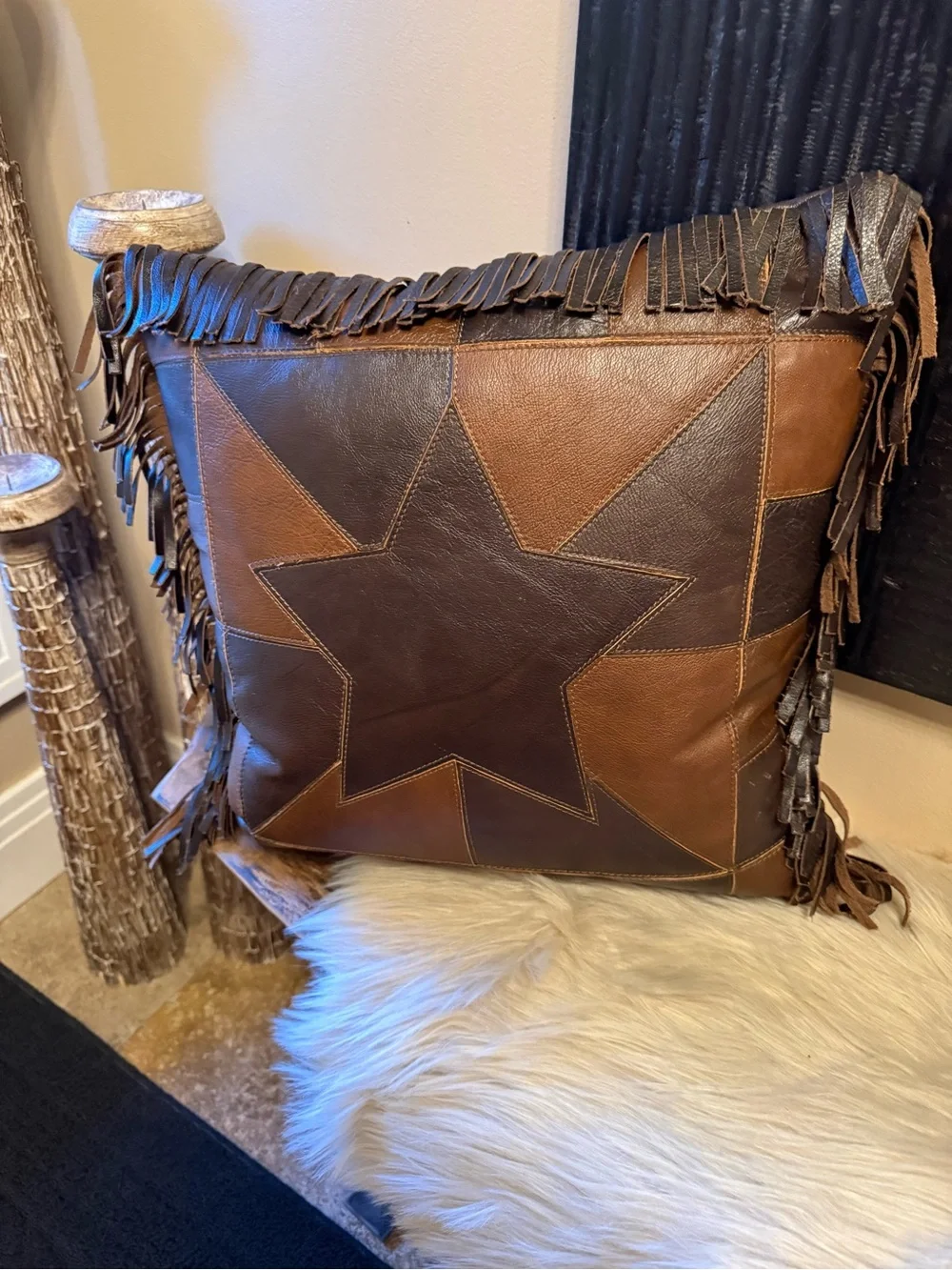 Bear Pillow Leather & Tapestry Throw Pillow Cabin, Mountain, Western Decor 17x17